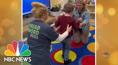 7-year-old boy with cerebral palsy takes some of his first steps in front of kindergarten class