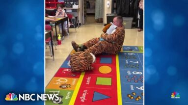 Soldier dresses up as elementary school mascot and surprises son on first day
