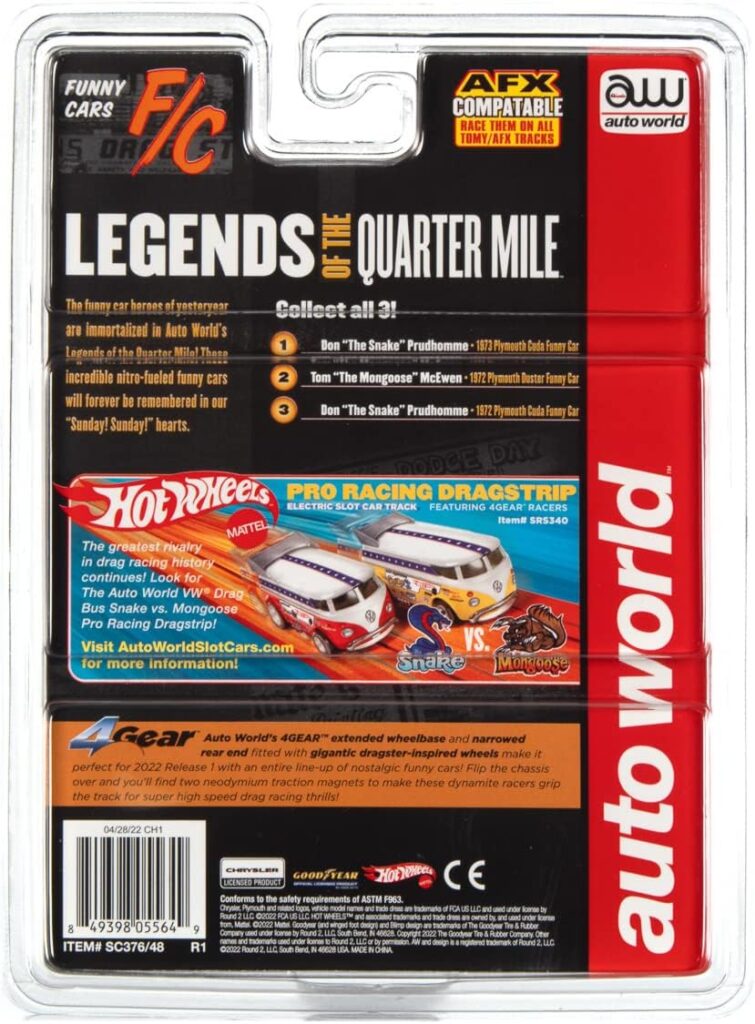 Auto World 4Gear Hot Wheels - Don The Snake Prudhomme 1973 Plymouth Cuda Funny Car (Black) HO Scale Slot Car Auto World 4Gear Hot Wheels - Don The Snake Prudhomme 1973 Plymouth Cuda Funny Car (Black) HO Scale Slot Car