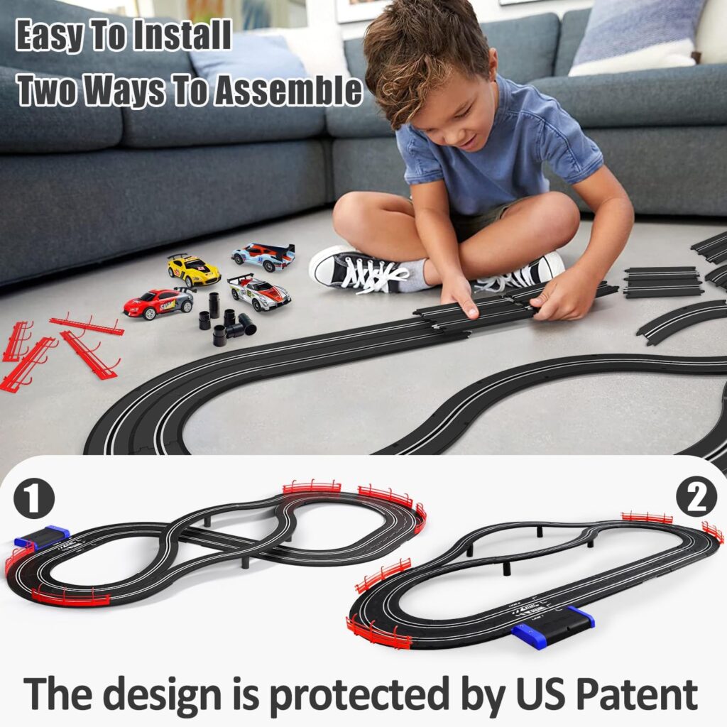 Electric Racing Tracks for Boys and Kids Including 4 Slot Cars 1:43 Scale with Headlights and Dual Racing, Race Car Track Sets with 2 Hand Controllers, Gift Toys for Children Over 8 Years Old