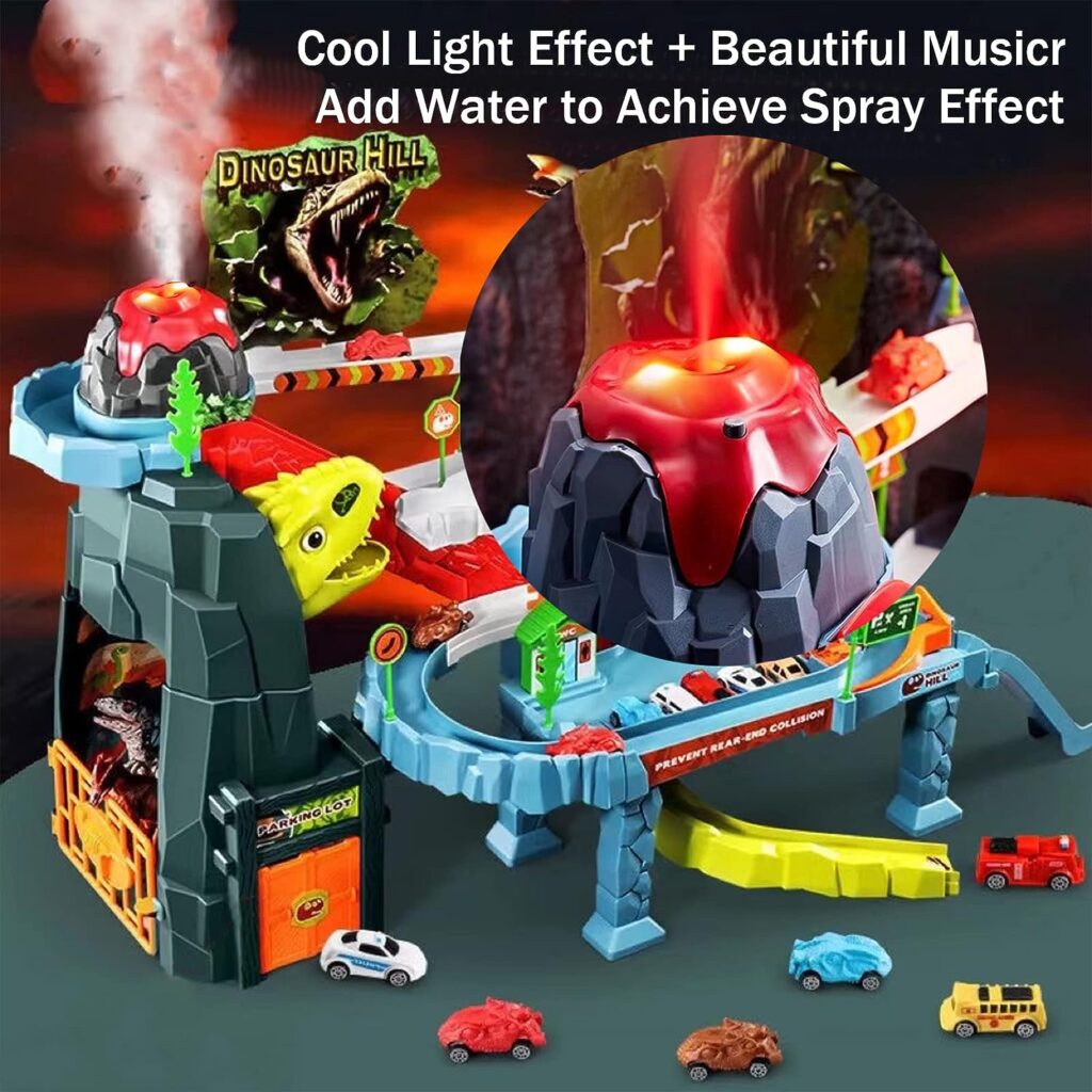 Juqic Childrens Toy Car Ramp Track Dinosaur Spray Hills Adventure Railcar Slot Car Vehicle Race Play Set with 20 Mini Cars for Preschool Boys Puzzles Gifts Kids Ages 3 to 6 or Older (Spray Dinosaur)
