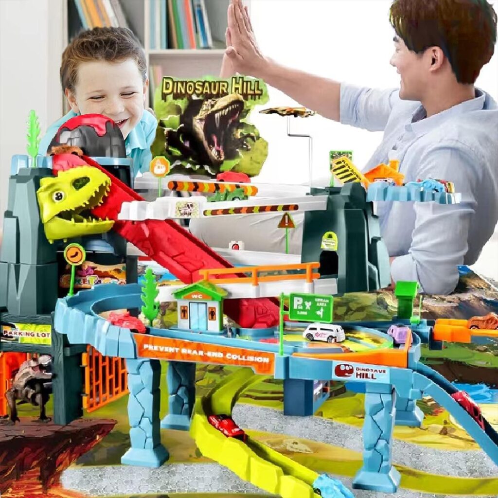Juqic Childrens Toy Car Ramp Track Dinosaur Spray Hills Adventure Railcar Slot Car Vehicle Race Play Set with 20 Mini Cars for Preschool Boys Puzzles Gifts Kids Ages 3 to 6 or Older (Spray Dinosaur)