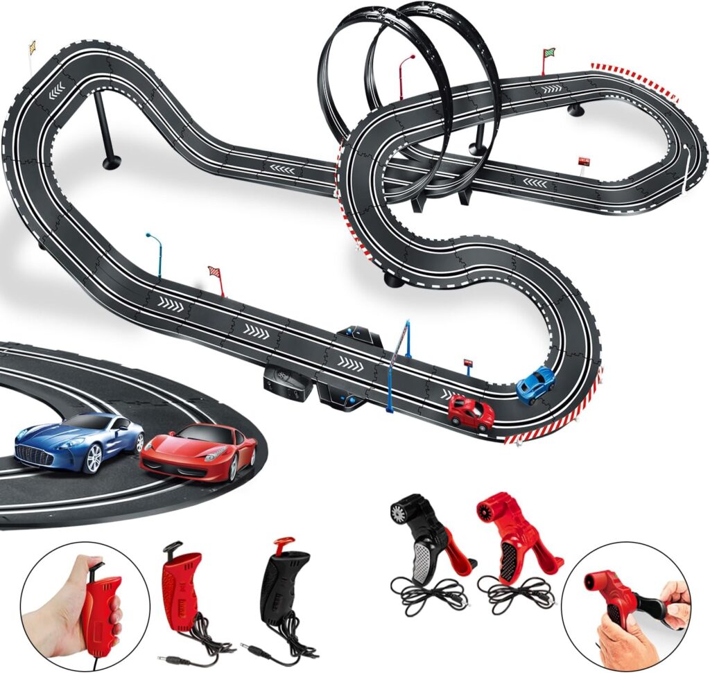 Losbenco Slot Car Race Track Sets, Battery or Electric Race Car Track with 2 High-Speed Slot Cars, 2 Electric Controller and 2 Manual Controller Circular Overpass Track, Gift for Kids Ages 6 7 8-12 Losbenco Slot Car Race Track Sets, Battery or Electric Race Car Track with 2 High-Speed Slot Cars, 2 Electric Controller and 2 Manual Controller Circular Overpass Track, Gift for Kids Ages 6 7 8-12