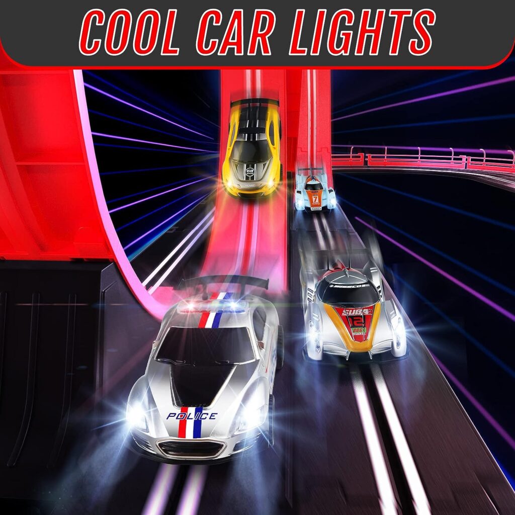Race Track Toys for Boys Age 8-12 with 2 Loop, 4 Race Cars 1:43 Scale with Headlights, Battery Operated Slot Car Race Track Set, 2 Controllers, Lap Counter, 2 Player Game, Gift for Kids 6+ Year Old