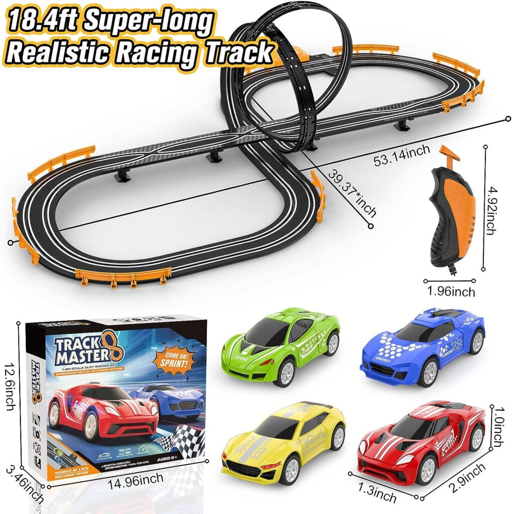 Slot-Car-Race-Track-Sets for Boys Kids, Battery or Electric Race Car Track with 4 High-Speed Slot Cars, Dual Racing Game 2 Hand Controllers Circular Overpass Track, Toys Gifts for 6-8 8-12 Boys Girls