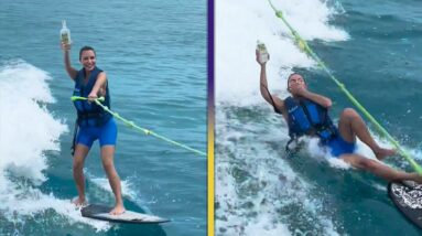Kim Kardashian WIPES OUT on Wakeboard While Clutching Tequila Bottle