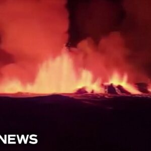 Aerial footage shows Iceland volcano spewing lava