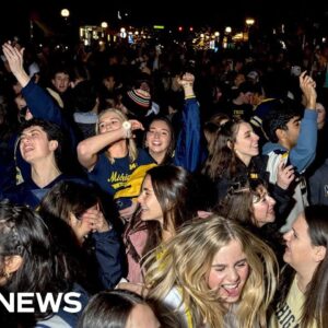 Michigan Wolverines fans celebrate after winning college football championship